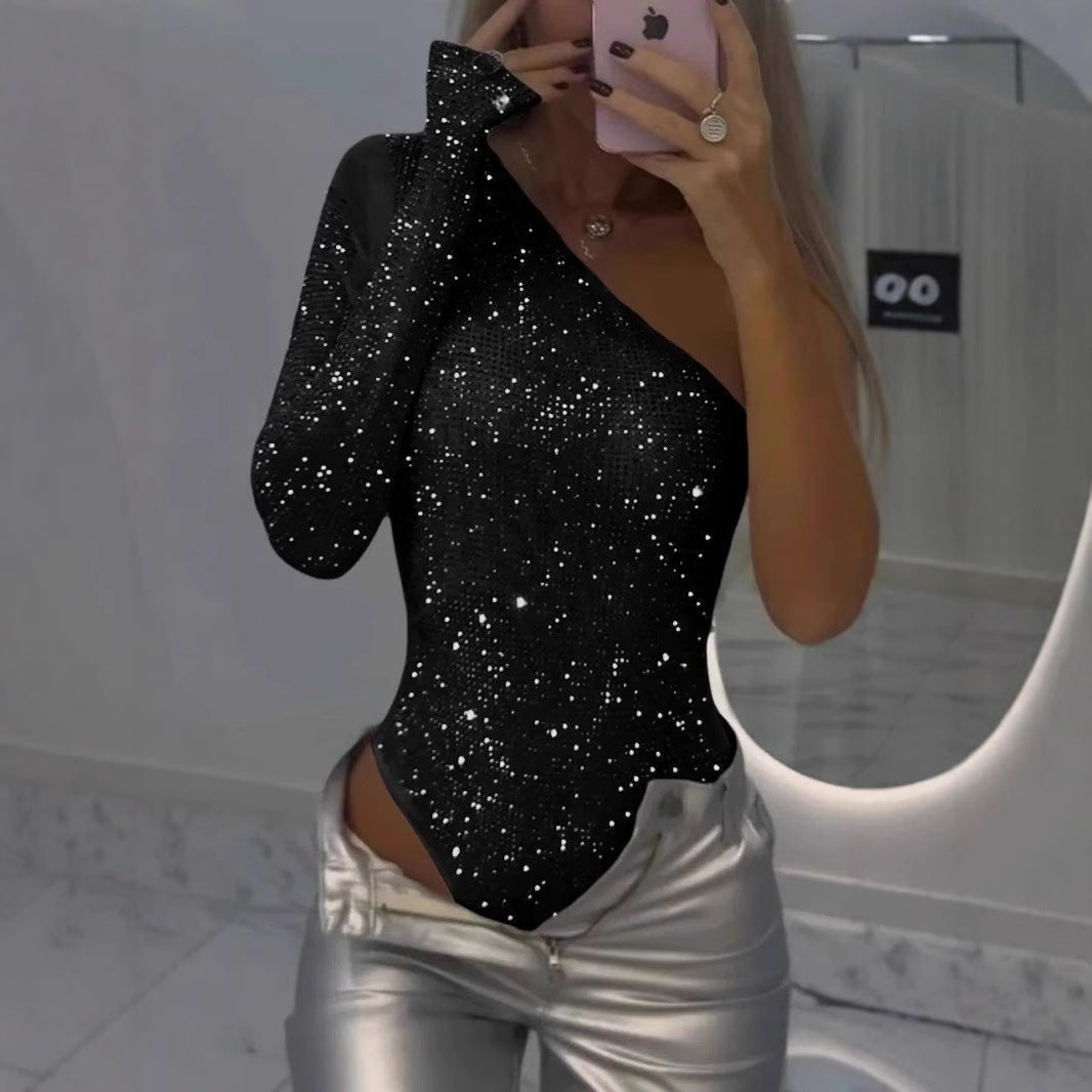 Bodysuit Damen mit einem Ärmel und Glitzer-Details - 3 - Annoboutique