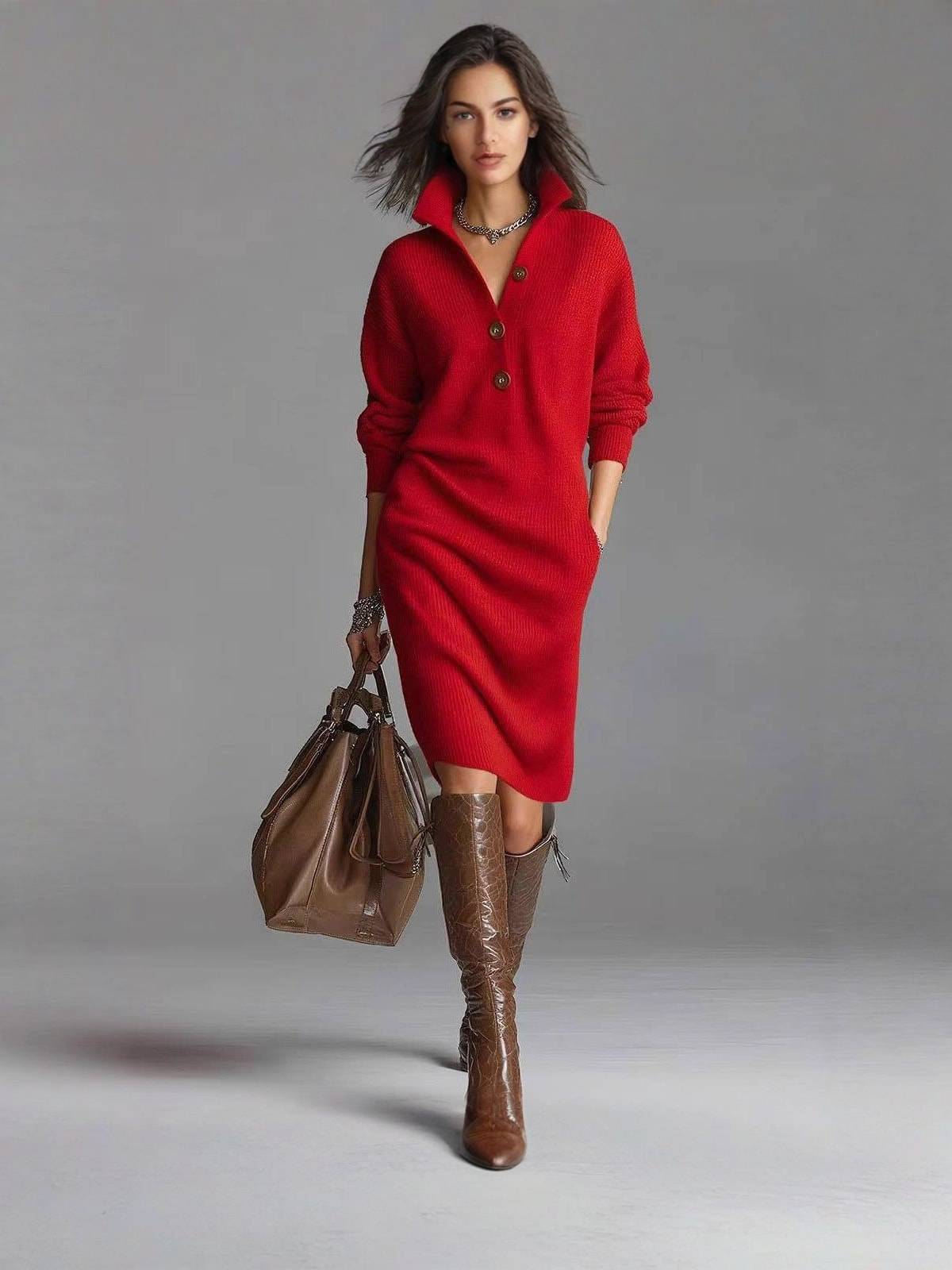 Lucía – Damen-Strickkleid mit Modernem Knopfdesign