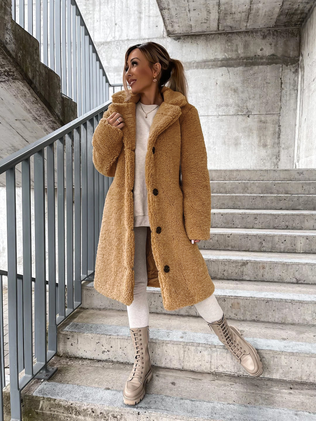 Leonie - Teddy-Mantel Damen langarm Knopfleiste Winter warm elegant