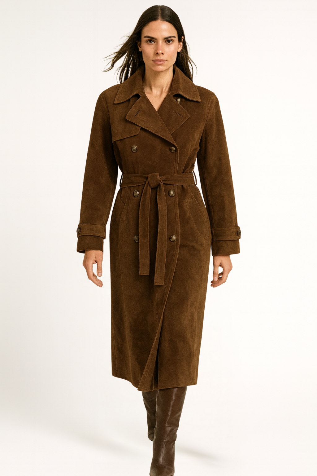 Nora – Damen Trenchcoat Lang Doppelreiher mit Reverskragen