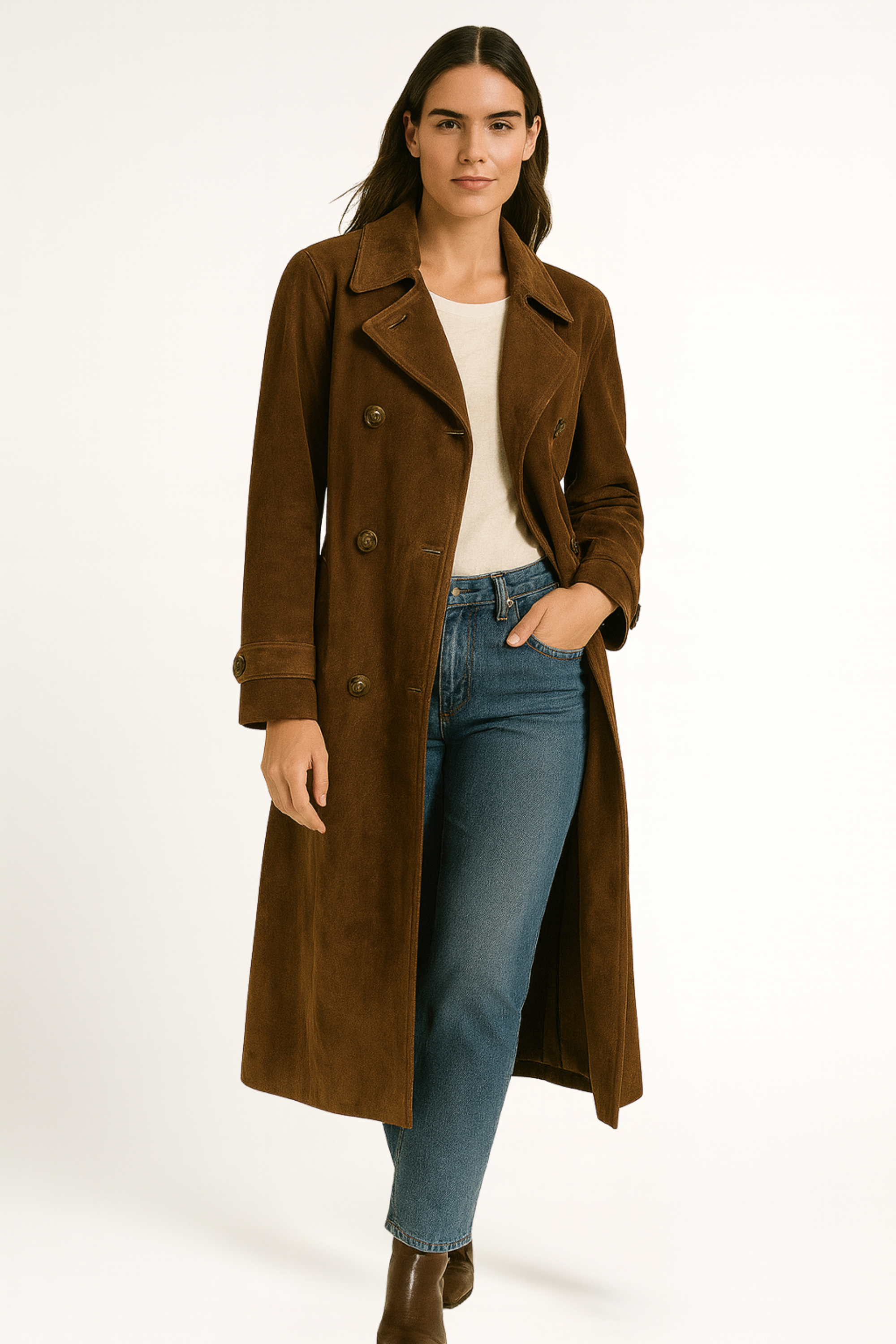 Nora – Damen Trenchcoat Lang Doppelreiher mit Reverskragen