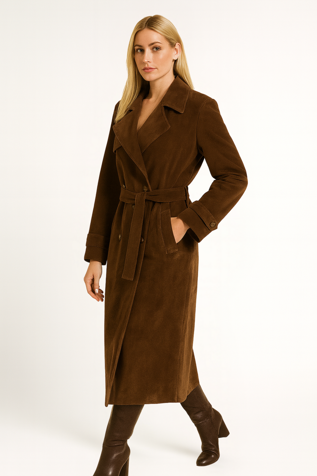 Nora – Damen Trenchcoat Lang Doppelreiher mit Reverskragen
