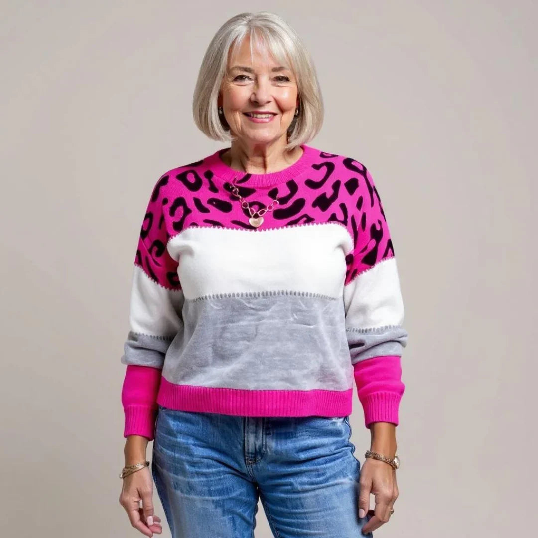Stylischer Damenpullover mit Leopardenmuster und Farbblock-Design - J&B - 9 - Annoboutique