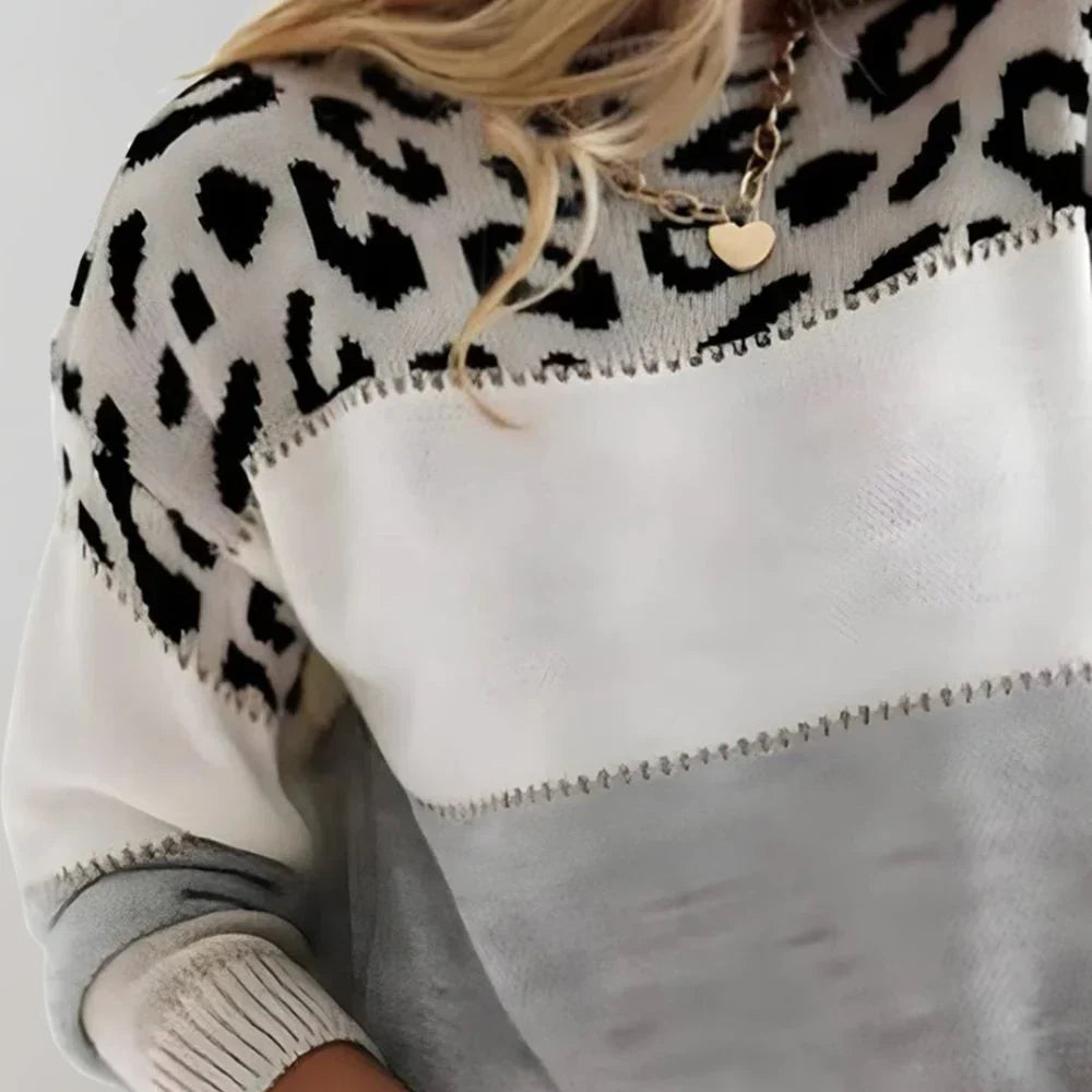 Stylischer Damenpullover mit Leopardenmuster und Farbblock-Design - J&B - 2 - Annoboutique