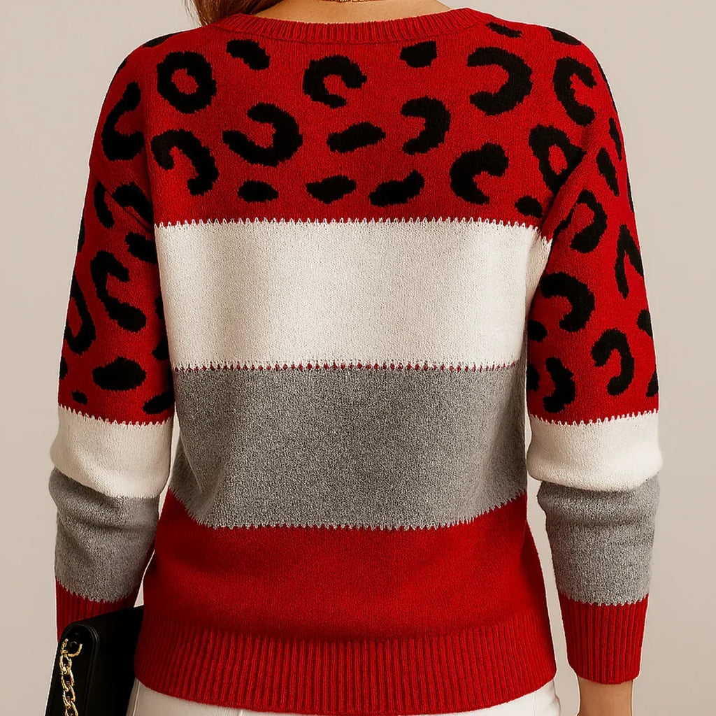 Stylischer Damenpullover mit Leopardenmuster und Farbblock-Design - J&B - 8 - Annoboutique
