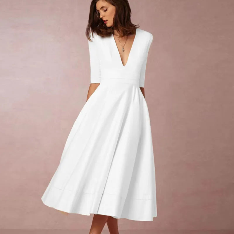 Elena – Feminines Fließendes Damen Midikleid mit V-Ausschnitt