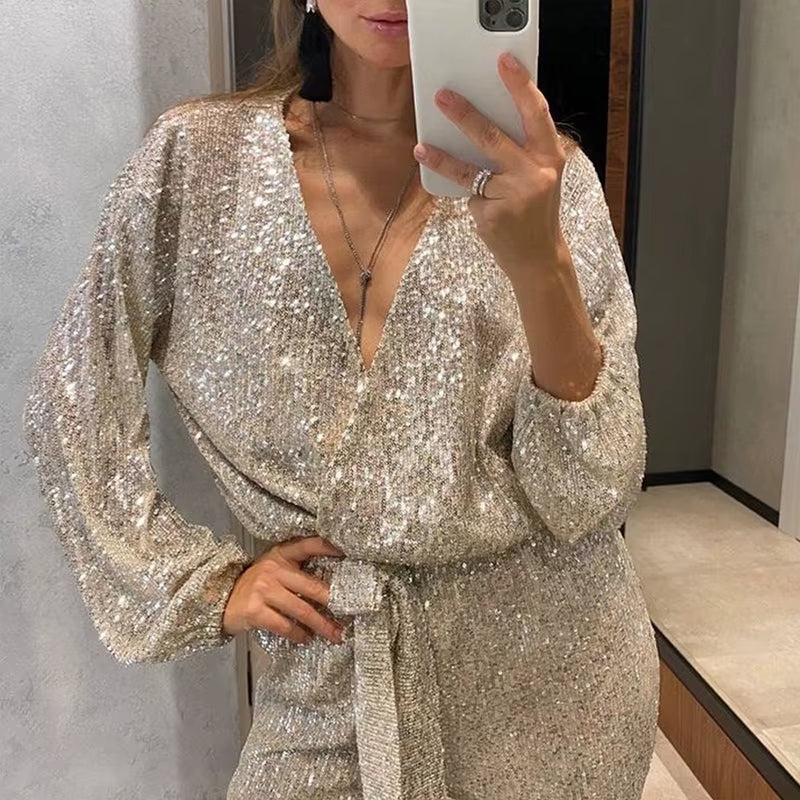 Ariella – Eleganter Pailletten-Jumpsuit mit Wickeloptik für Damen