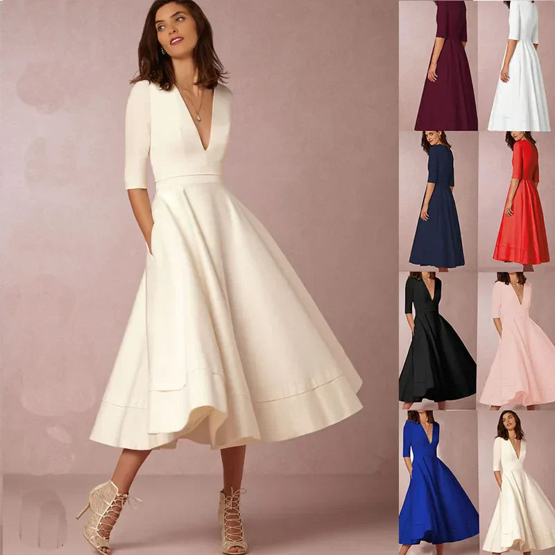 Elena – Feminines Fließendes Damen Midikleid mit V-Ausschnitt