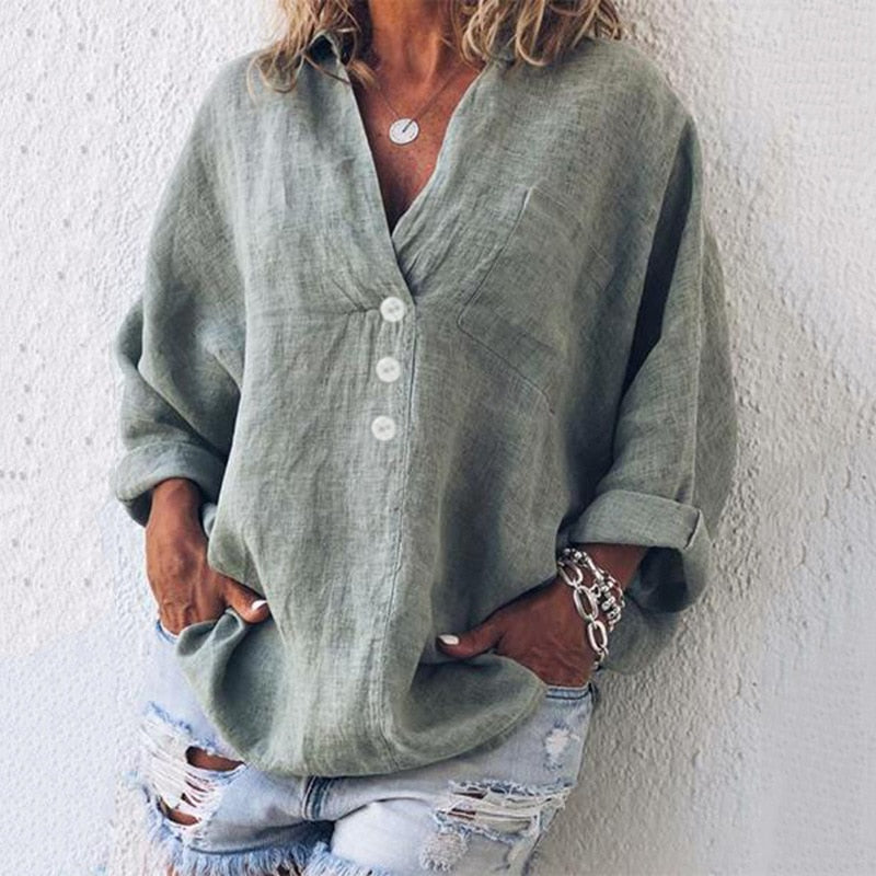 Lena – Lässige V-Ausschnitt Bluse Mit Knopfleiste