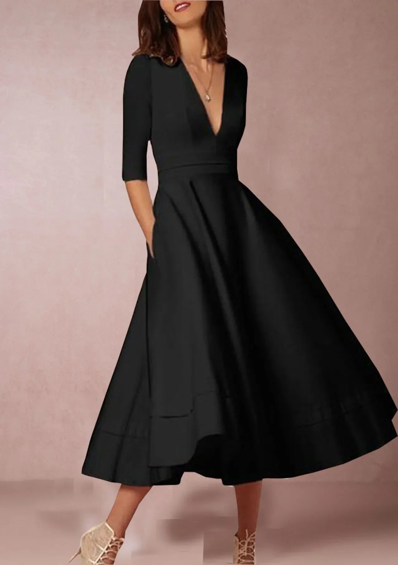 Elena – Feminines Fließendes Damen Midikleid mit V-Ausschnitt
