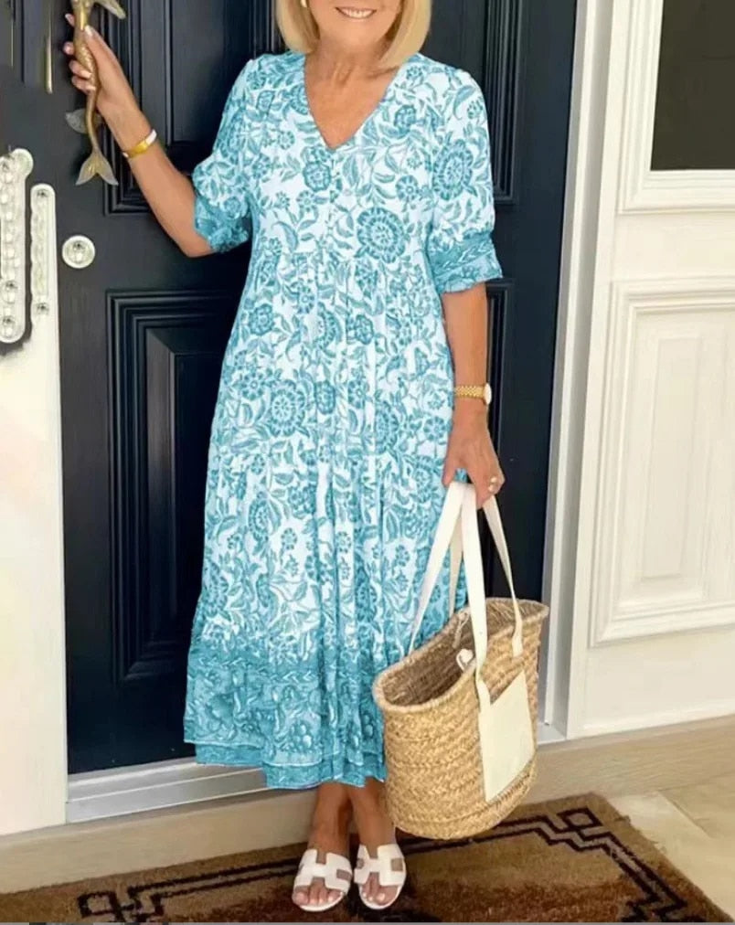 Hannah – Lockeres Midikleid mit floralem Muster und V-Ausschnitt