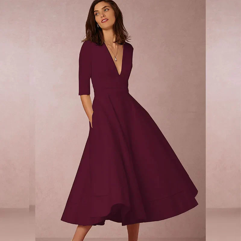 Elena – Feminines Fließendes Damen Midikleid mit V-Ausschnitt