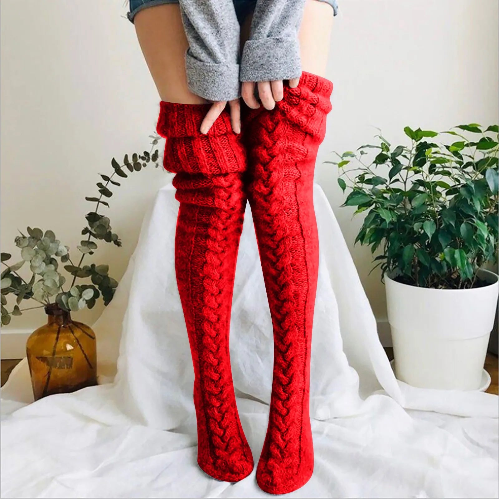 Isabella – Strick-Overknee-Socken mit Zopfmuster für Damen