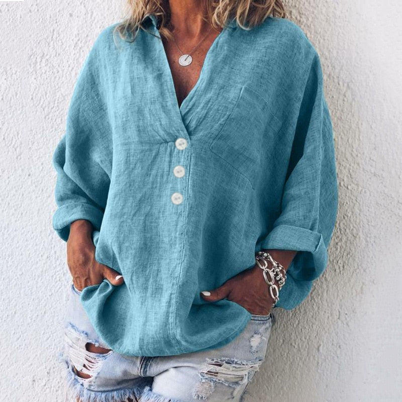 Lena – Lässige V-Ausschnitt Bluse Mit Knopfleiste