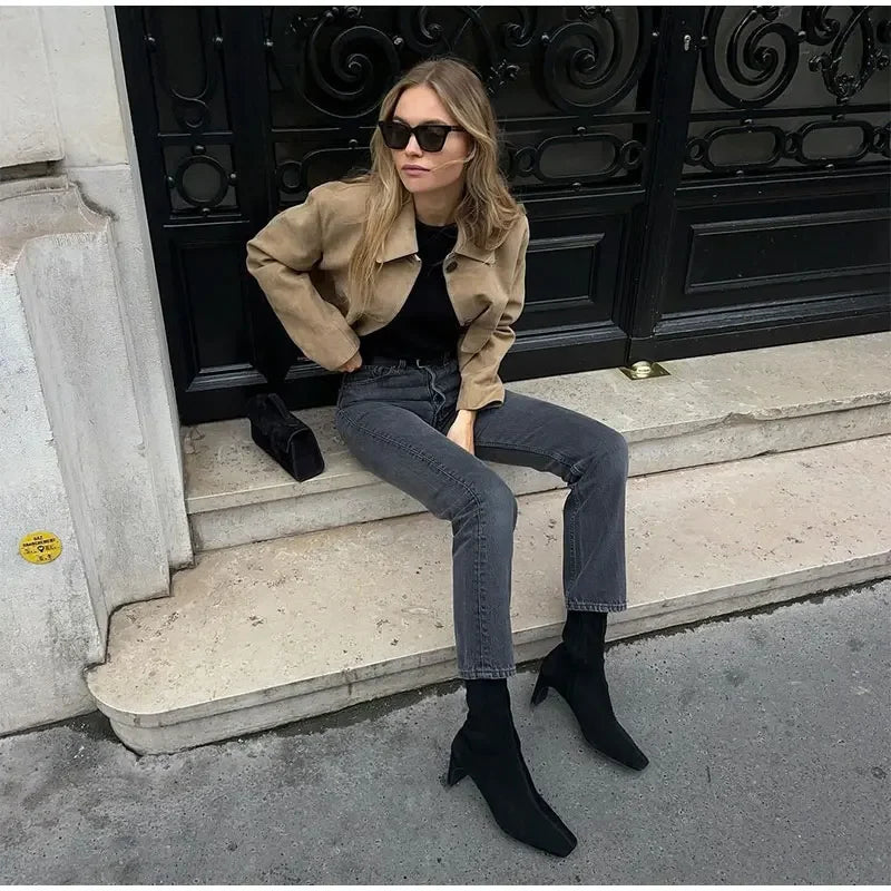Mia – Damen Lederjacke kurz mit Kragen