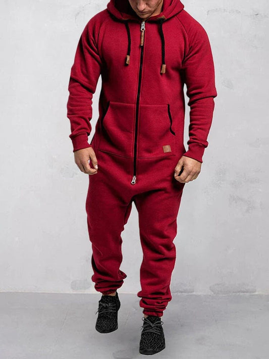 Hooded Fleece Solid Color Jumpsuit Jumpsuit coofandystore Grey/Red M 