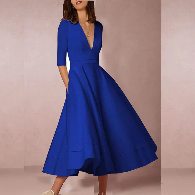 Elena – Feminines Fließendes Damen Midikleid mit V-Ausschnitt