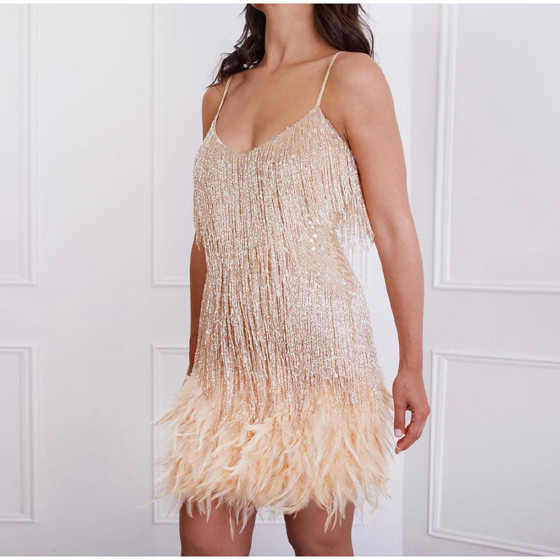 Nina – Damen Party Minikleid mit Spaghettiträgern und Federdetail