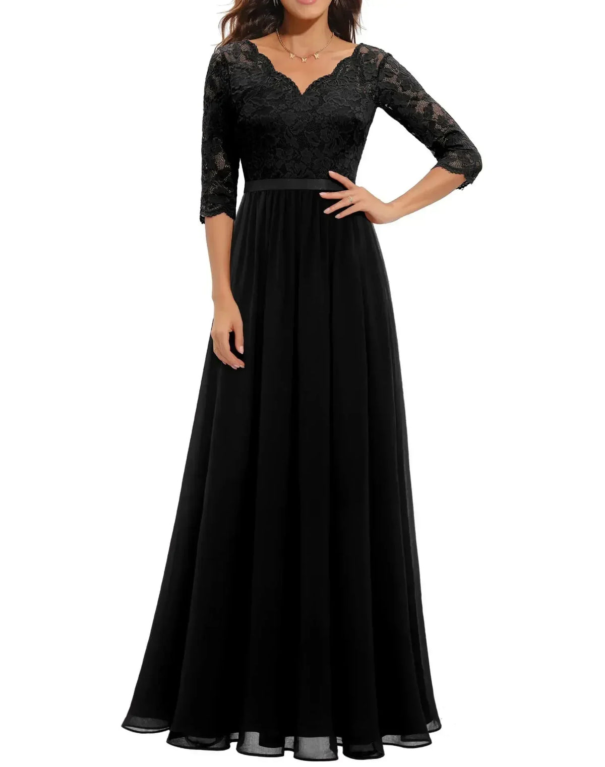 Abendkleid Damen mit V-Ausschnitt und Spitzenoberteil - 3 - Annoboutique