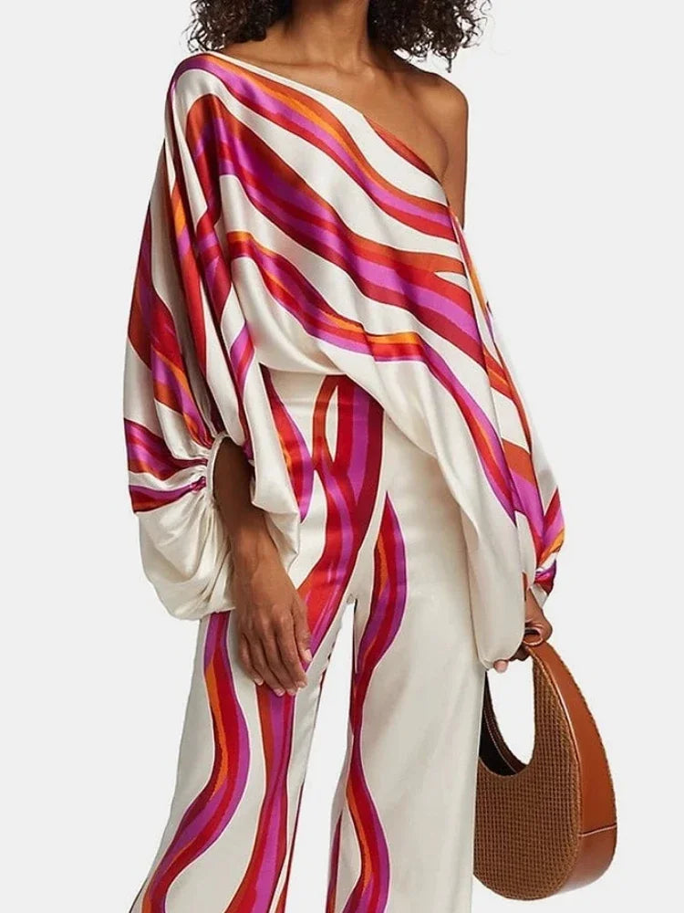 Damen Zweiteiliges Outfit: Off-Shoulder Top und Weite Hose - J&B - 1 - Annoboutique