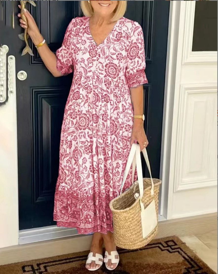 Hannah – Lockeres Midikleid mit floralem Muster und V-Ausschnitt
