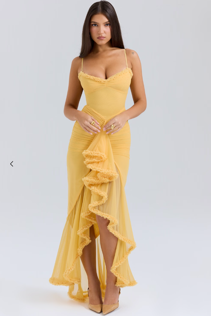 Camila - Langes Damenkleid mit Volants und Drapierung