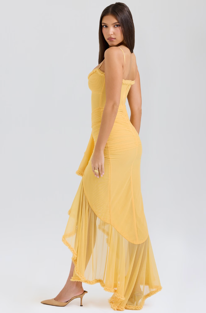 Camila - Langes Damenkleid mit Volants und Drapierung