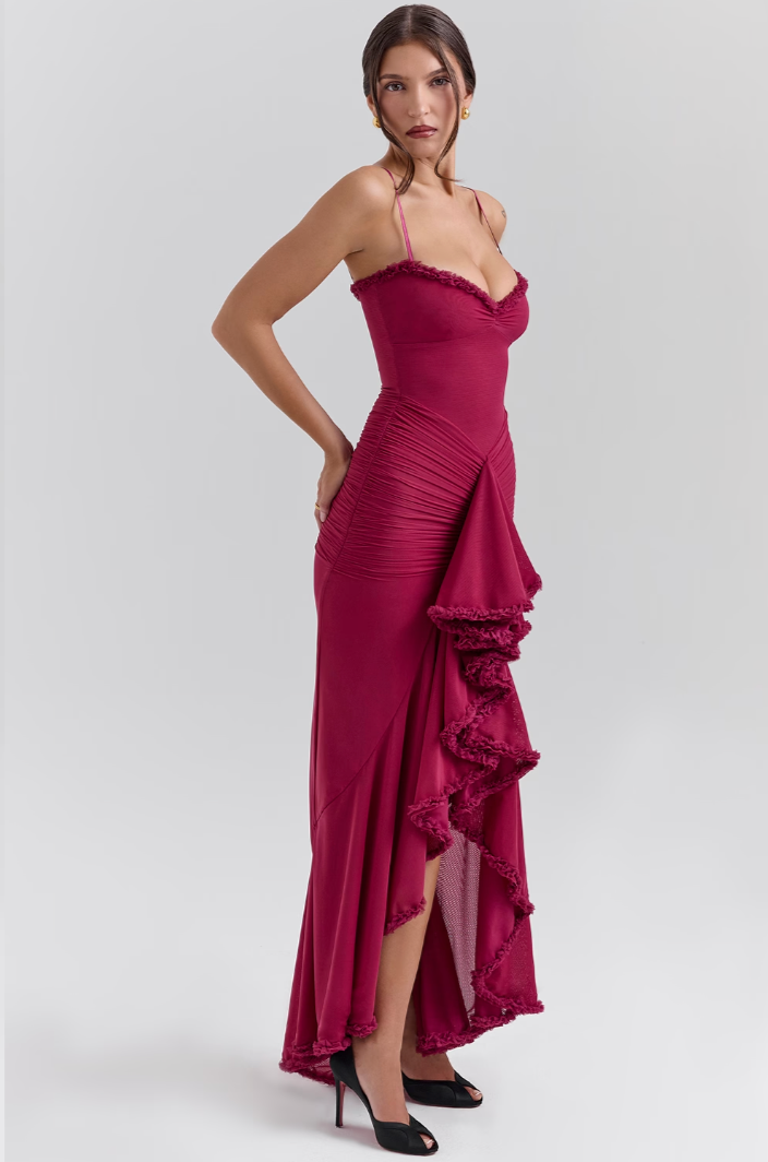 Camila - Langes Damenkleid mit Volants und Drapierung