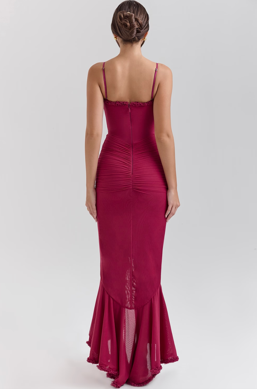 Camila - Langes Damenkleid mit Volants und Drapierung