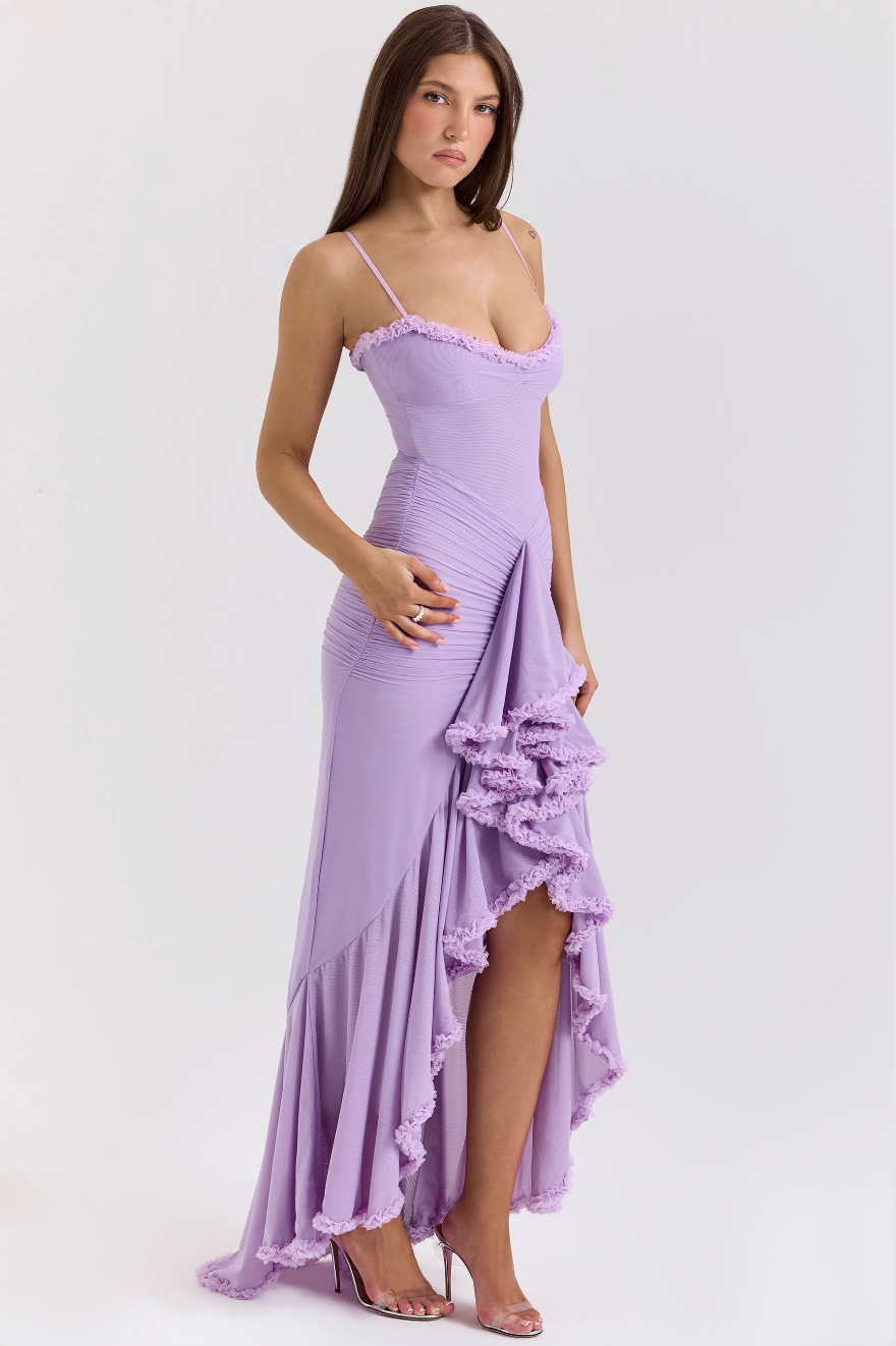 Camila - Langes Damenkleid mit Volants und Drapierung