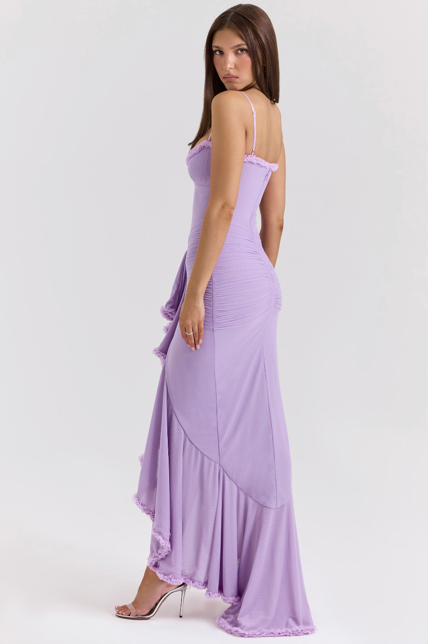 Camila - Langes Damenkleid mit Volants und Drapierung