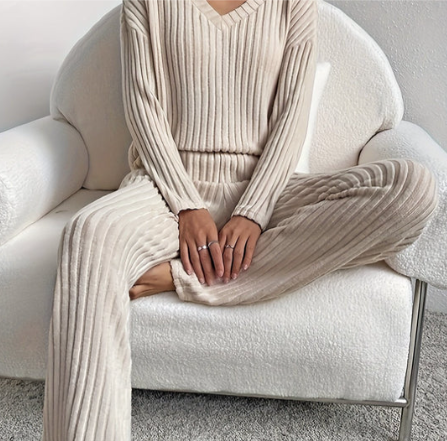 Luna – Damen Geripptes Strick Loungewear Set