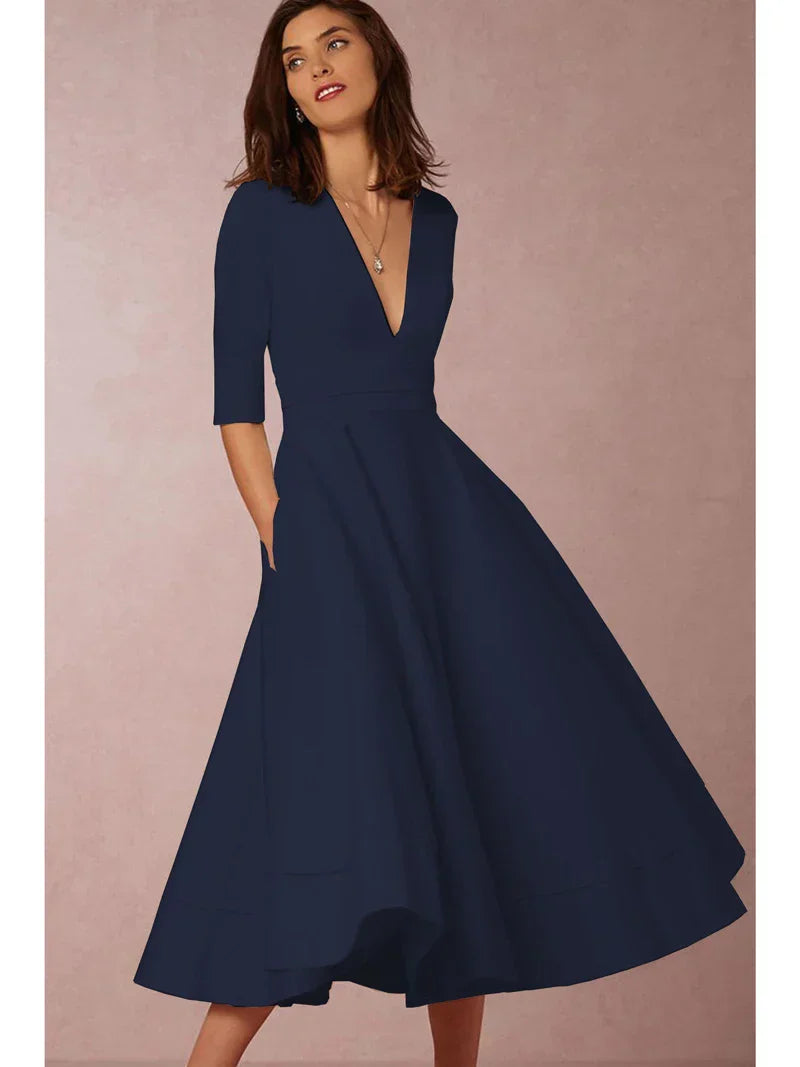Elena – Feminines Fließendes Damen Midikleid mit V-Ausschnitt