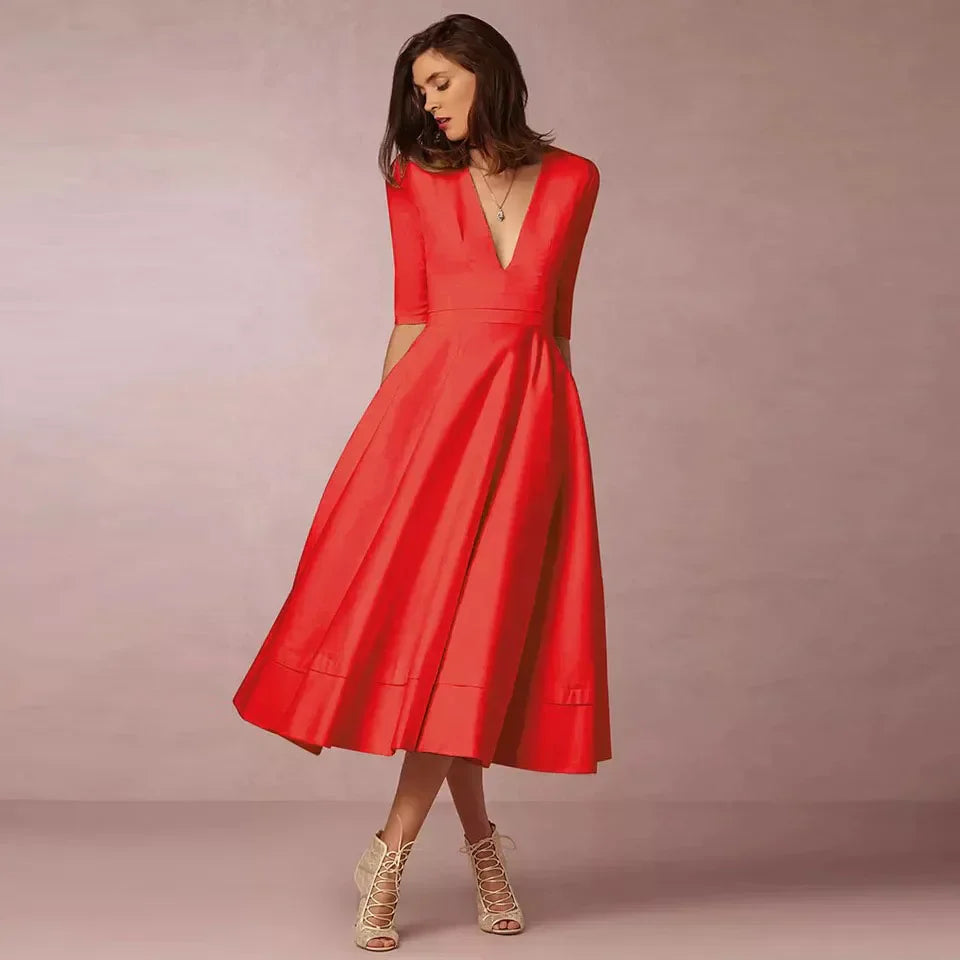 Elena – Feminines Fließendes Damen Midikleid mit V-Ausschnitt