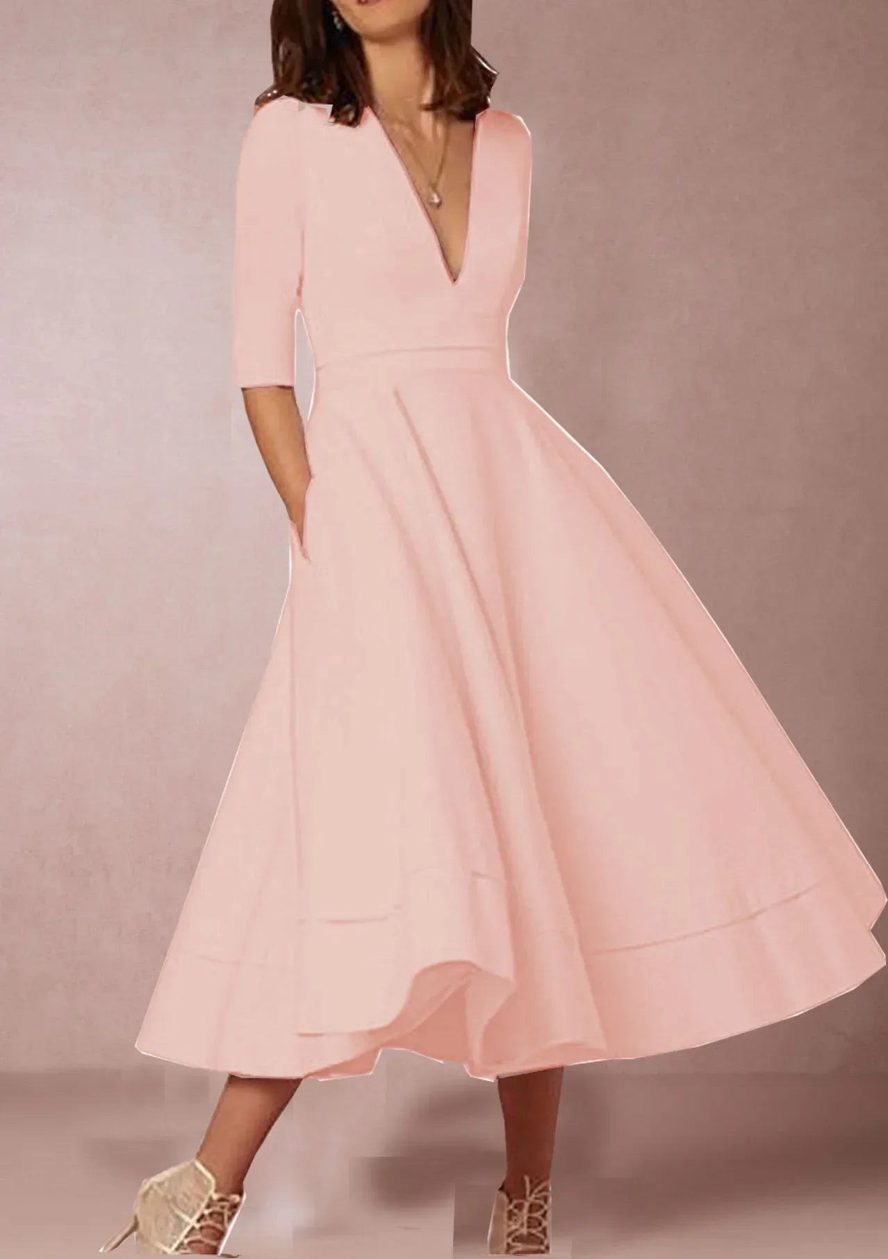Elena – Feminines Fließendes Damen Midikleid mit V-Ausschnitt