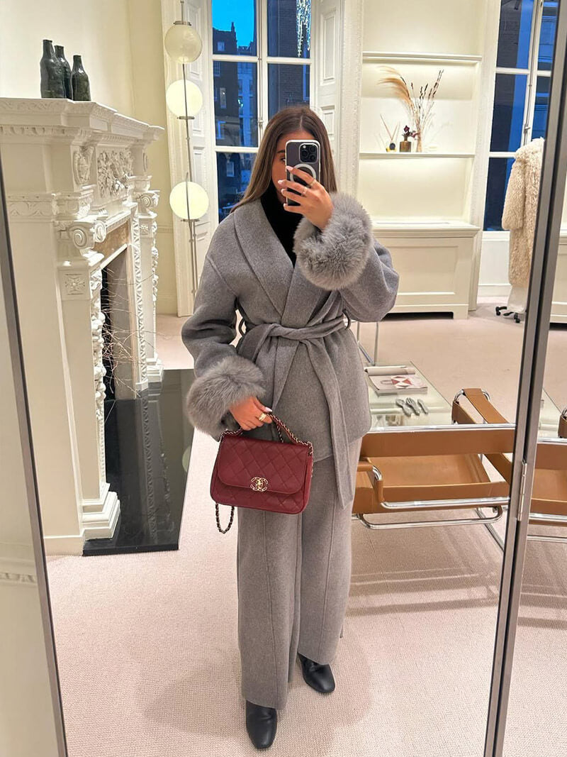 Valeria – Eleganter Wickelmantel Damen mit Fellärmeln