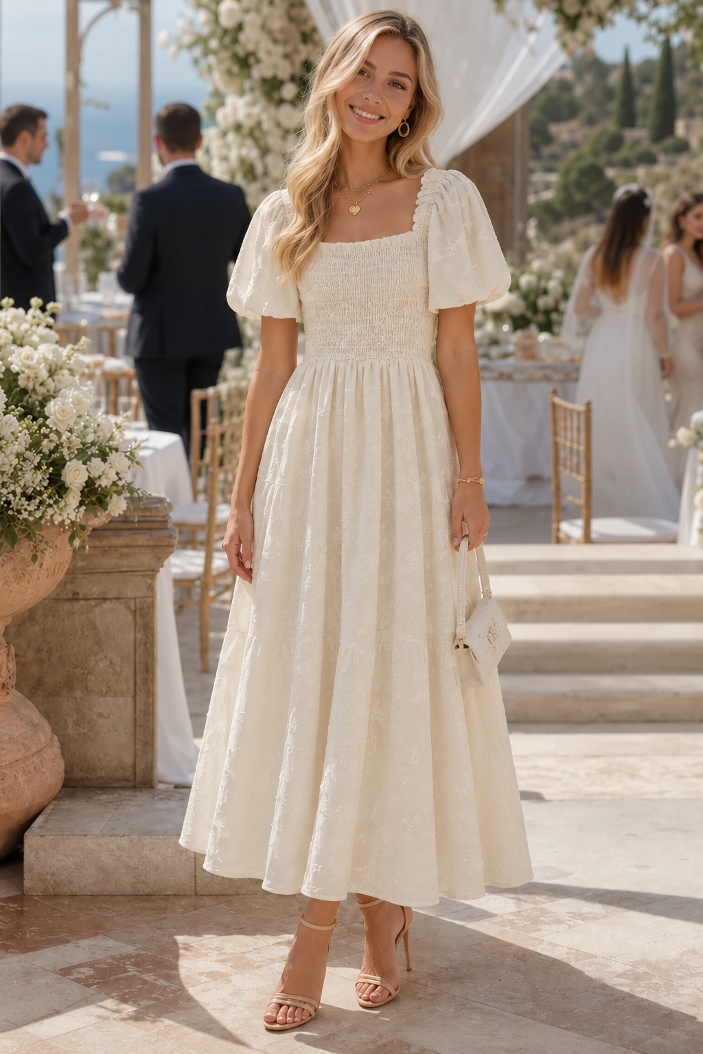 Elegantes Midi-Kleid für Damen mit floralem Muster und Puffärmeln