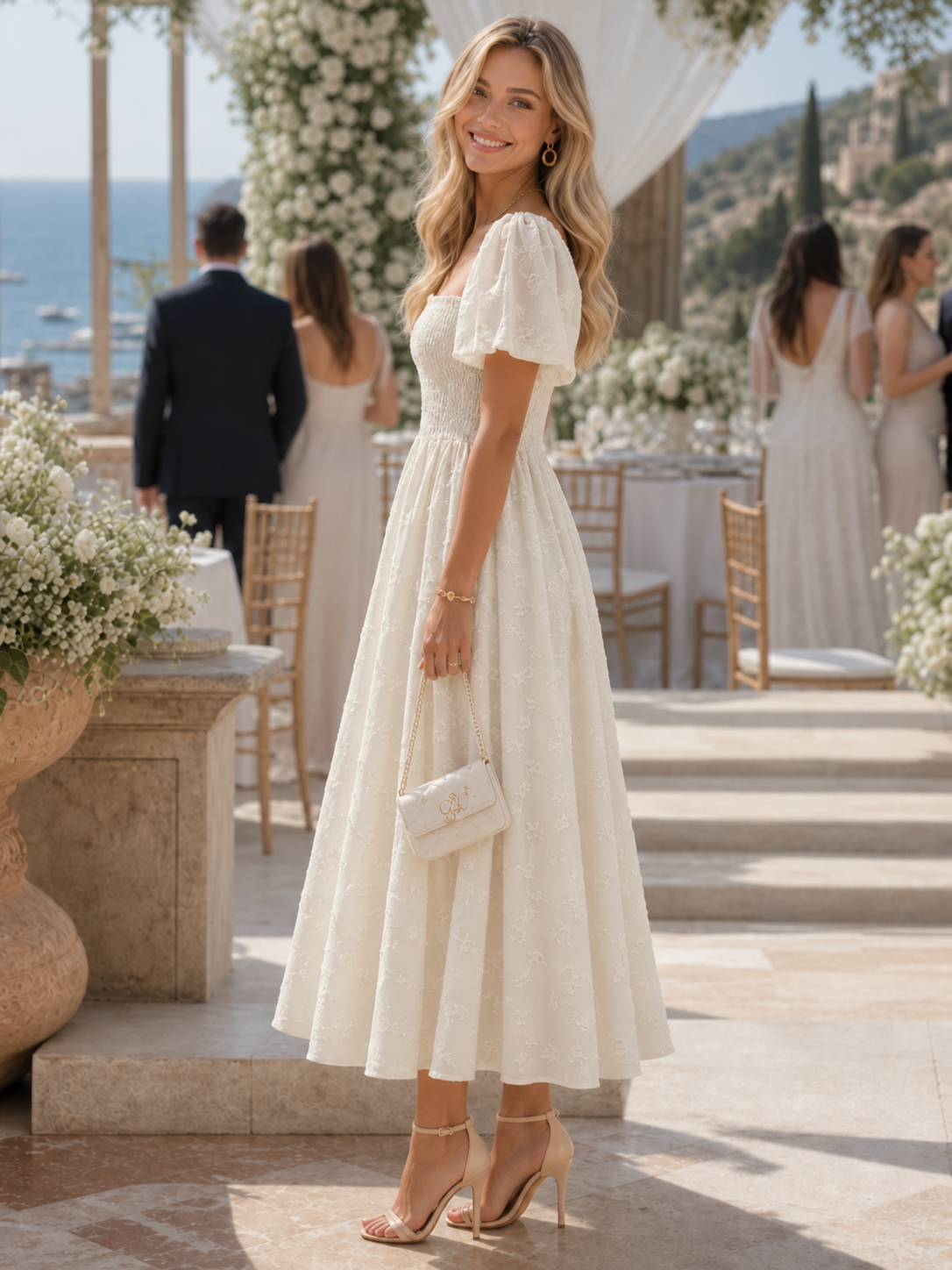 Elegantes Midi-Kleid für Damen mit floralem Muster und Puffärmeln