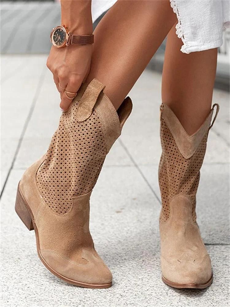 Damen-Cowboy-Stiefel mit durchbrochenem Design und Blockabsatz - J&B - 4 - Annoboutique