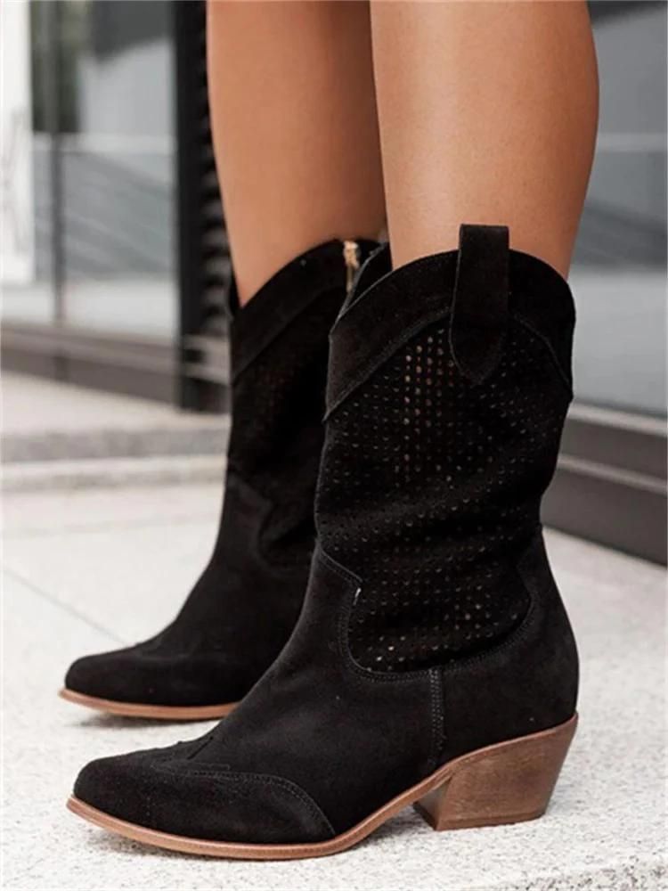 Damen-Cowboy-Stiefel mit durchbrochenem Design und Blockabsatz - J&B - 2 - Annoboutique