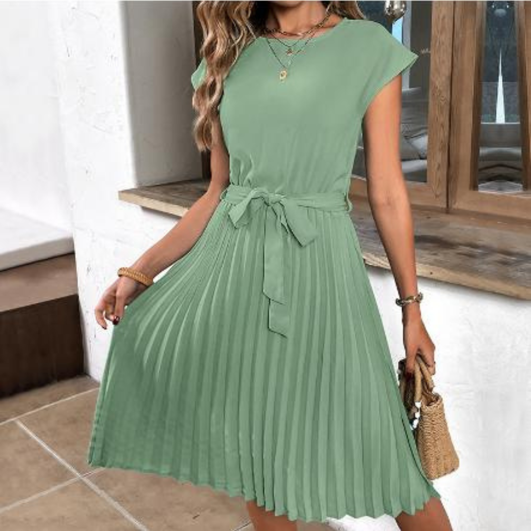 Elena - Damen Midikleid mit Plissee-Rock und Bindegürtel
