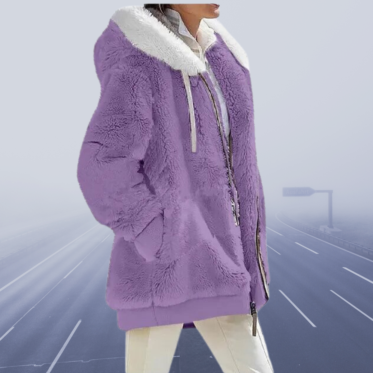 Elisa - Damen Teddyfelljacke mit Kapuze und Reißverschluss