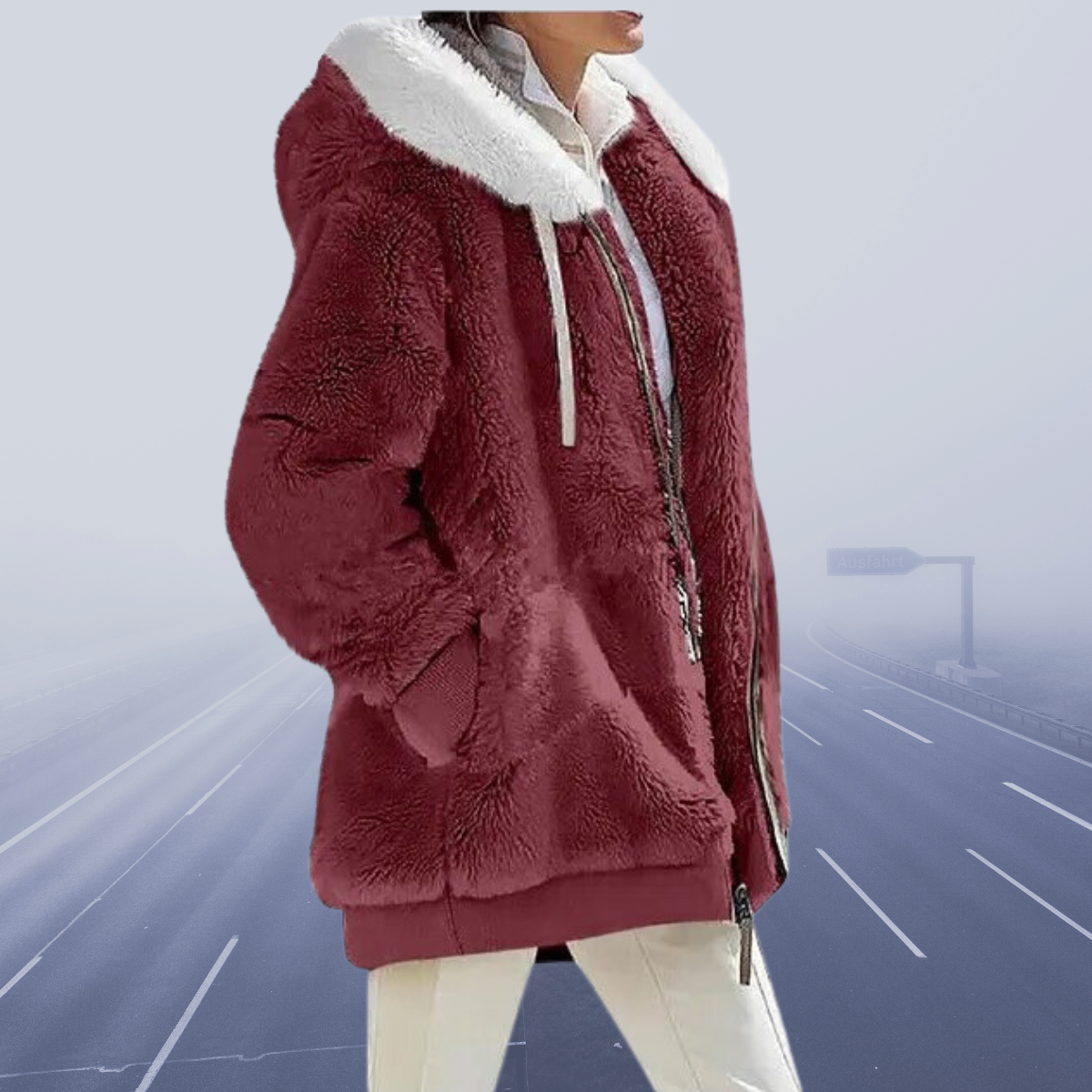 Elisa - Damen Teddyfelljacke mit Kapuze und Reißverschluss