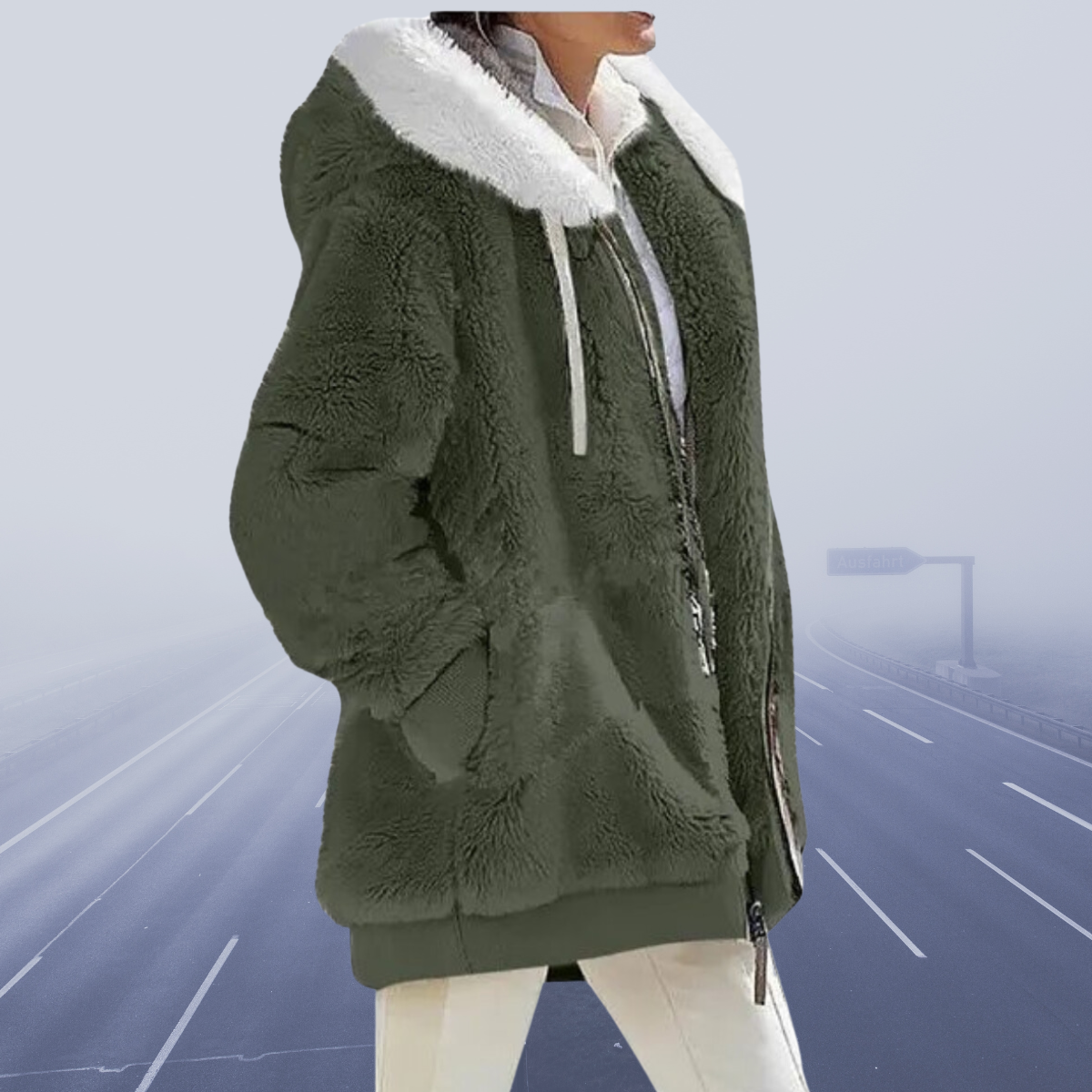Elisa - Damen Teddyfelljacke mit Kapuze und Reißverschluss