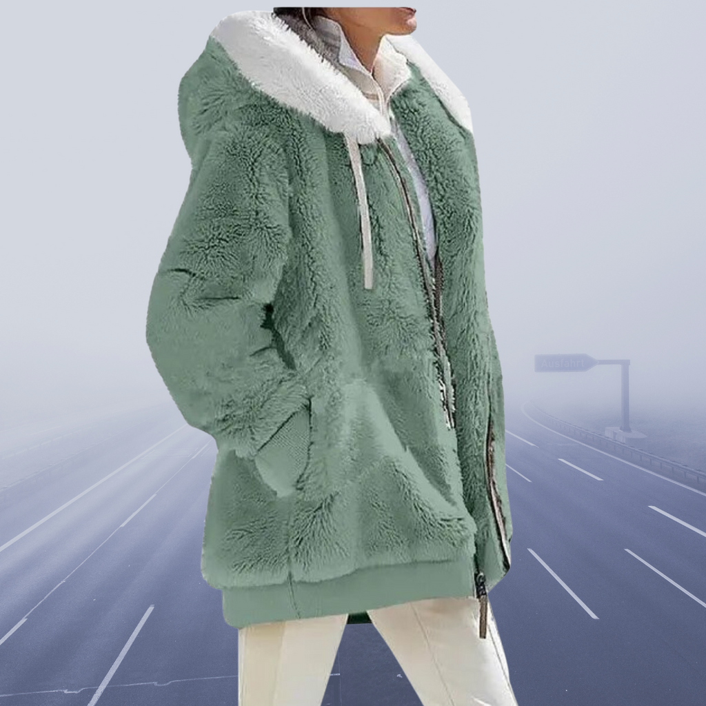 Elisa - Damen Teddyfelljacke mit Kapuze und Reißverschluss