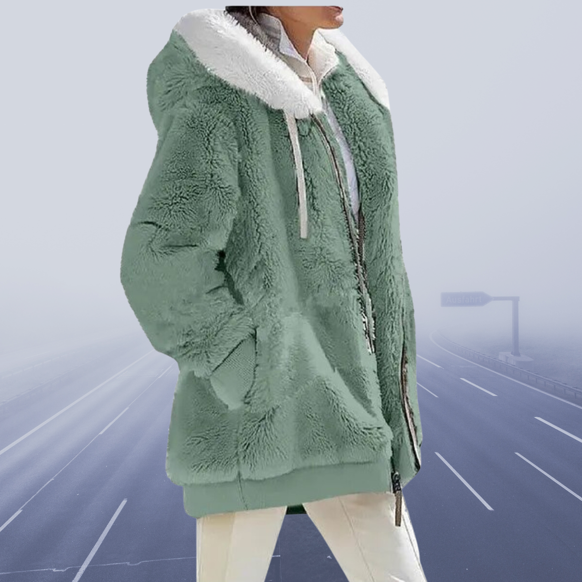 Elisa - Damen Teddyfelljacke mit Kapuze und Reißverschluss