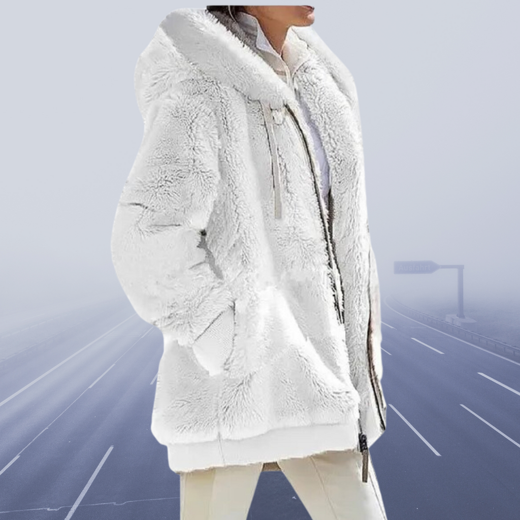 Elisa - Damen Teddyfelljacke mit Kapuze und Reißverschluss