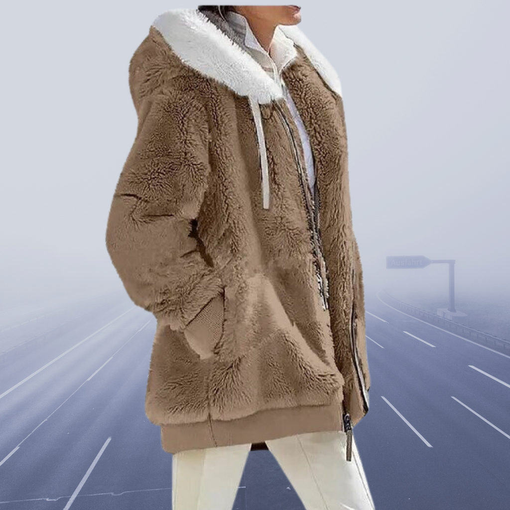 Elisa - Damen Teddyfelljacke mit Kapuze und Reißverschluss