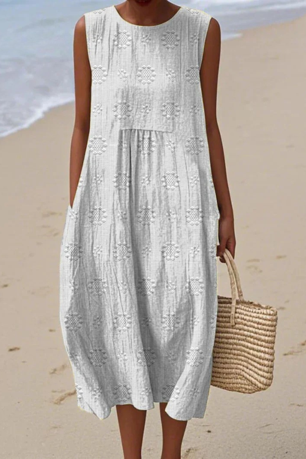 Mia – Damen Ärmelloses Midi Strandkleid mit Strukturmuster