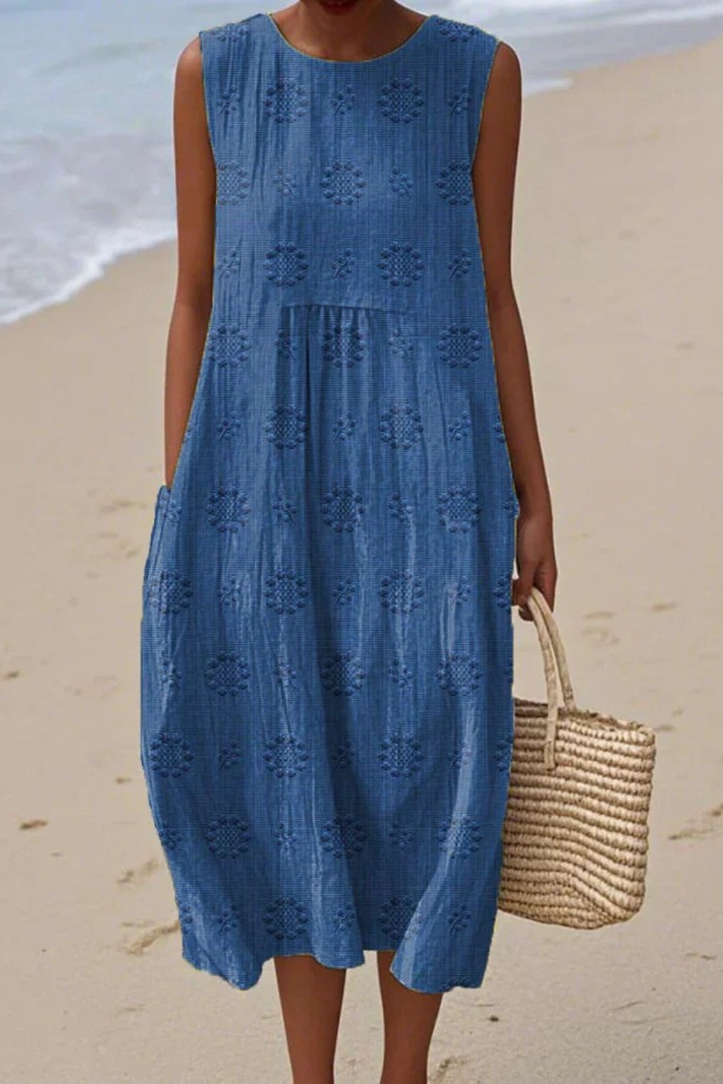 Mia – Damen Ärmelloses Midi Strandkleid mit Strukturmuster